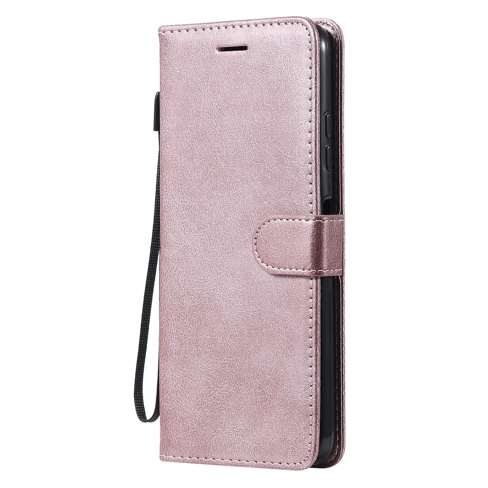 For Samsung Galaxy A22 5G (EU Version) Case Solid Color Leather Mobile Cover Wallet Stand with Strap - Rose Gold - 2