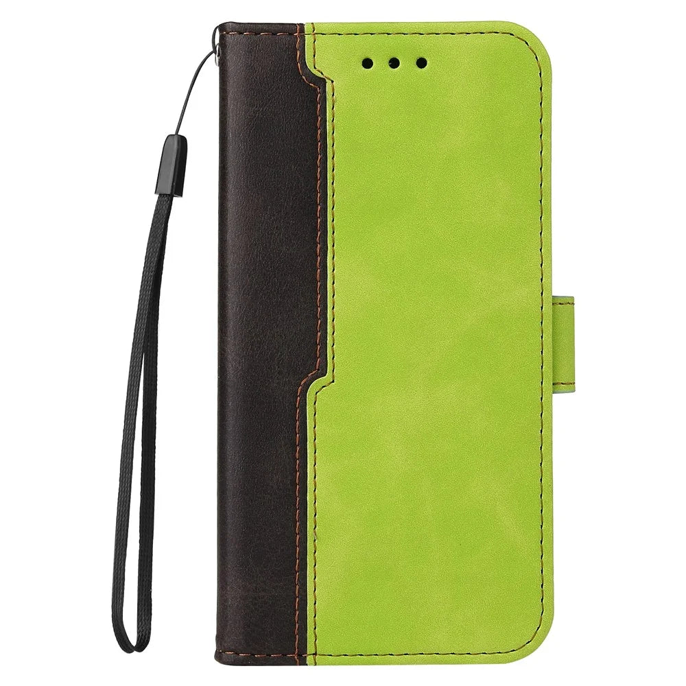 Bi-color Splicing Design PU Leather Wallet Stand Phone Case Protector with Wrist Strap for Samsung Galaxy A12/M12/F12 - Green - 2