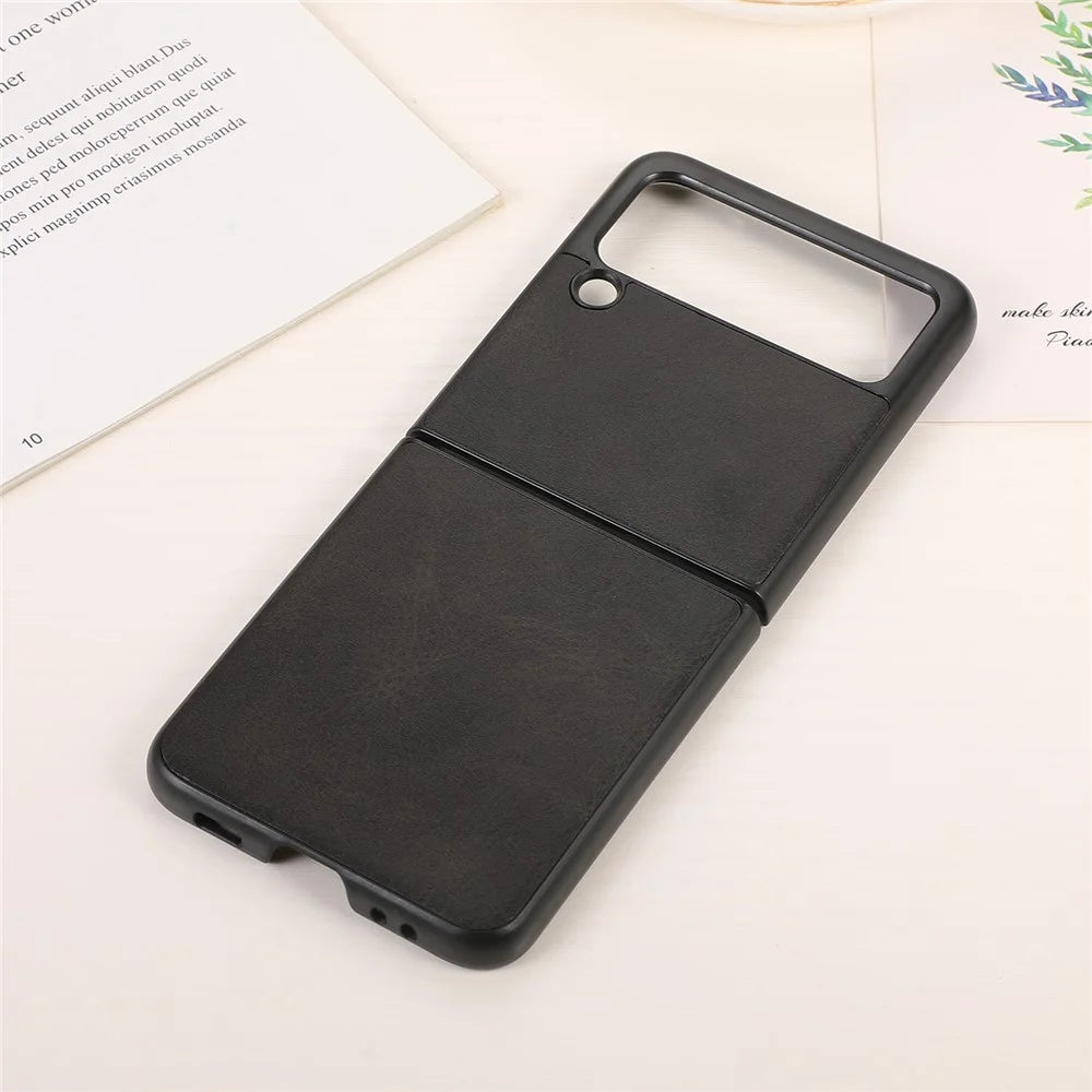 Lightweight Hybrid PU Leather Cowhide Grain Hard PC Anti-Scratch Shook-Proof Bumper Case for Samsung Galaxy Z Flip3 5G - Black - 3
