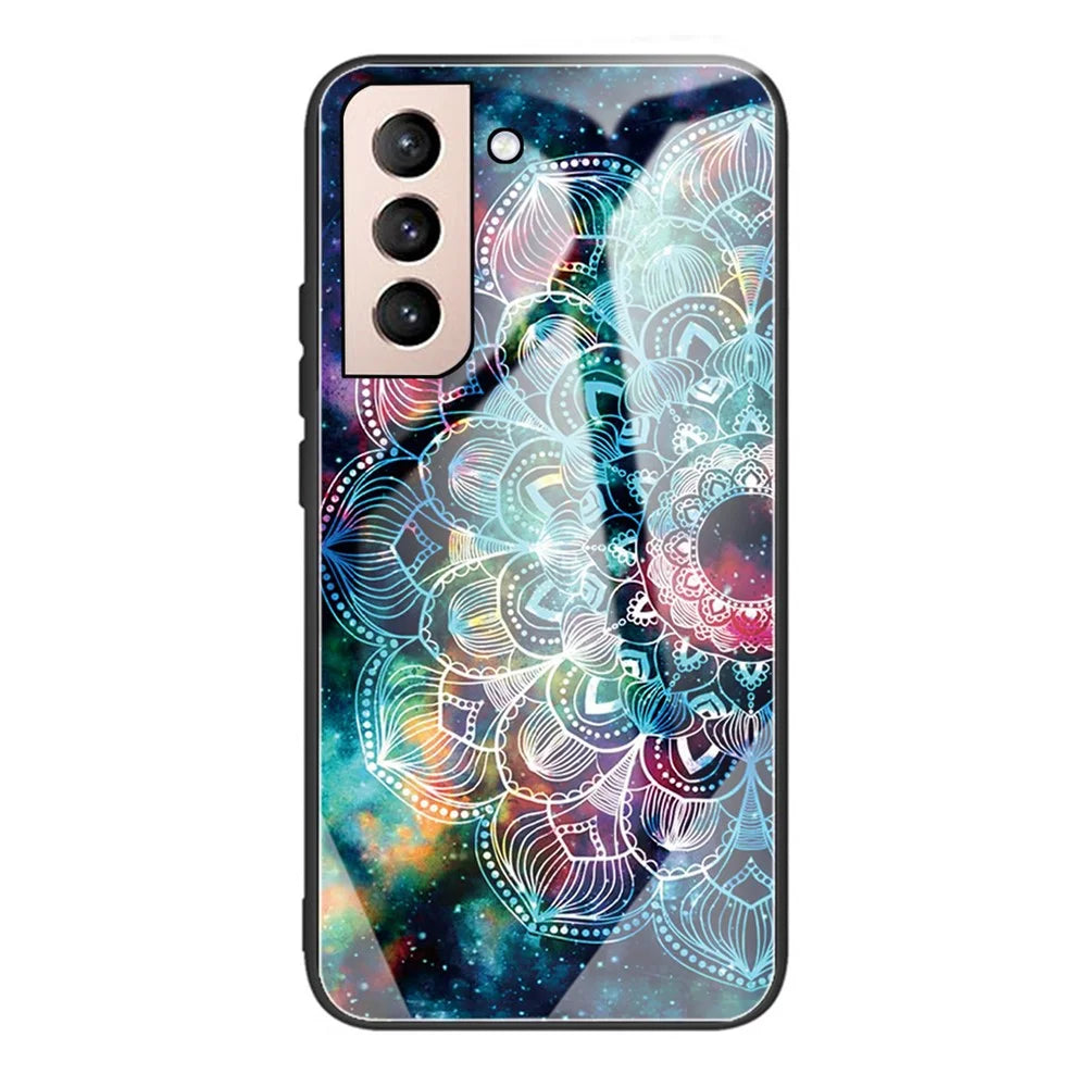 Shock Absorption Pattern Printing Tempered Glass Back + Side with Flexible Soft TPU Protection Cover for Samsung Galaxy S21 FE - Mandala Flower - 1