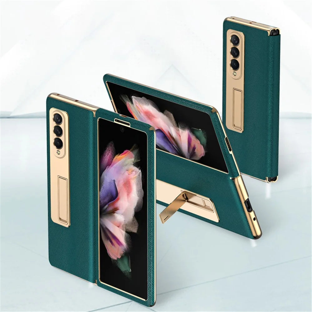 Leather Coated PC with Electroplating Frame Folding Phone Case Cover with Kickstand for Samsung Galaxy Z Fold3 5G - Green - 3