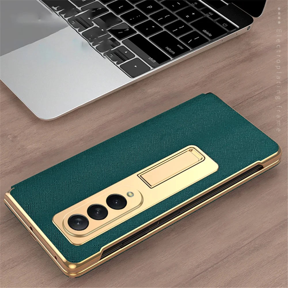 Leather Coated PC with Electroplating Frame Folding Phone Case Cover with Kickstand for Samsung Galaxy Z Fold3 5G - Green - 4