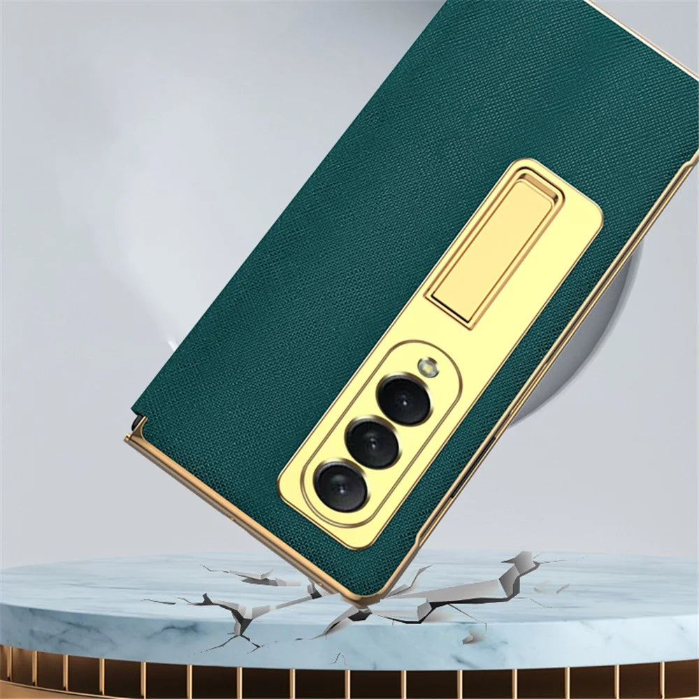 Leather Coated PC with Electroplating Frame Folding Phone Case Cover with Kickstand for Samsung Galaxy Z Fold3 5G - Green - 5