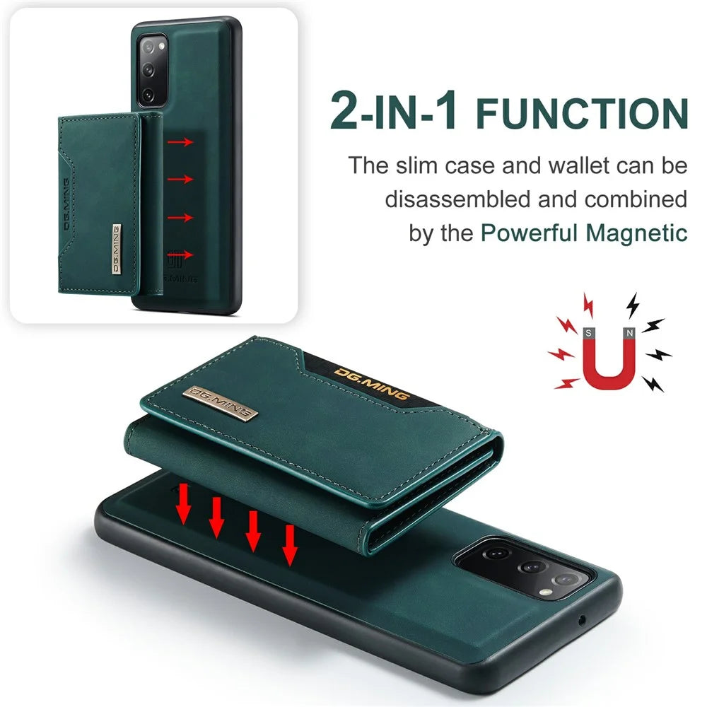 DG.MING M2 Series Magnetic Detachable Hybrid Case with Tri-Fold Wallet Kickstand Design for Samsung Galaxy S20 FE 2022/S20 FE 4G/S20 FE 5G/S20 Lite - Green - 7