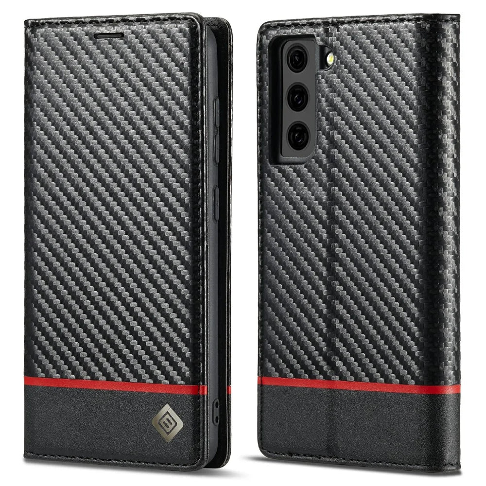LC.IMEEKE Leather Case Carbon Fiber Pattern Phone Cover with Wallet Design for Samsung Galaxy S21 FE - Style 1 - 1