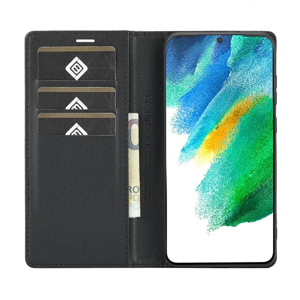 LC.IMEEKE Leather Case Carbon Fiber Pattern Phone Cover with Wallet Design for Samsung Galaxy S21 FE - Style 1 - 5