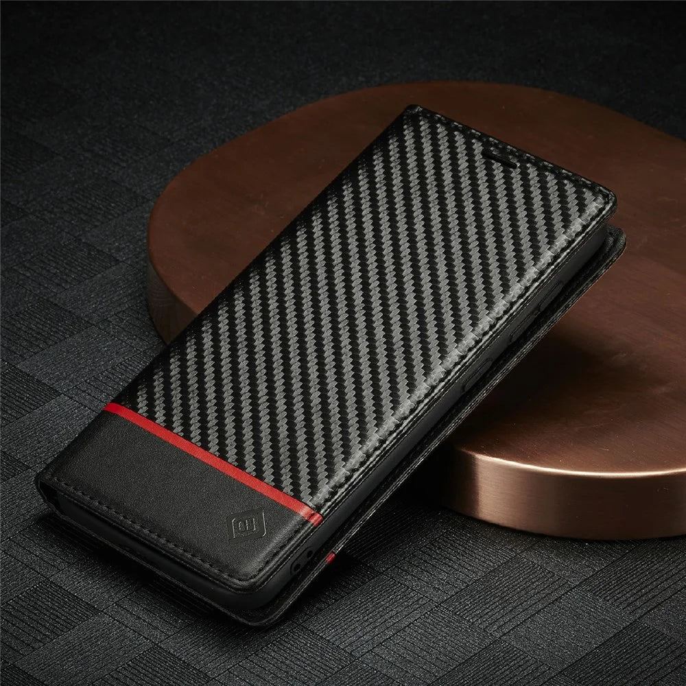 LC.IMEEKE Leather Case Carbon Fiber Pattern Phone Cover with Wallet Design for Samsung Galaxy S21 FE - Style 1 - 6