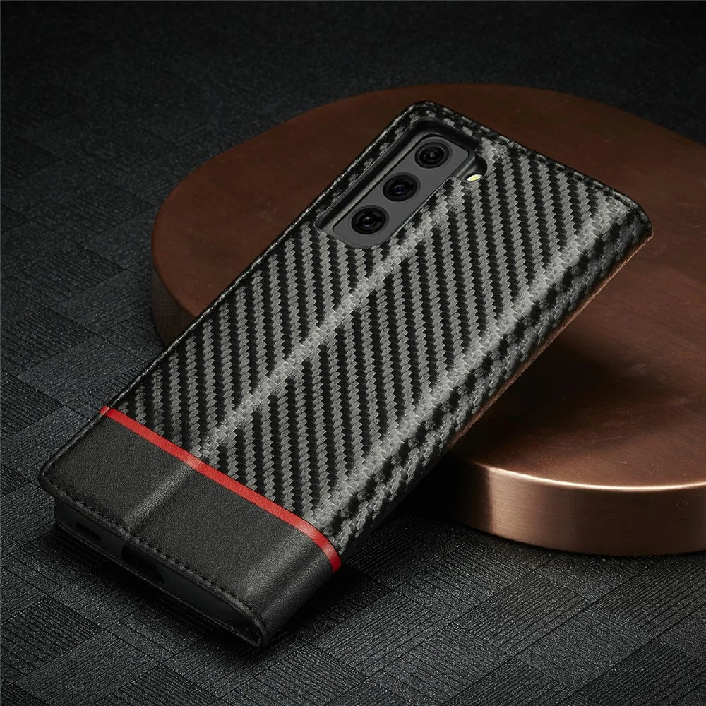 LC.IMEEKE Leather Case Carbon Fiber Pattern Phone Cover with Wallet Design for Samsung Galaxy S21 FE - Style 1 - 7