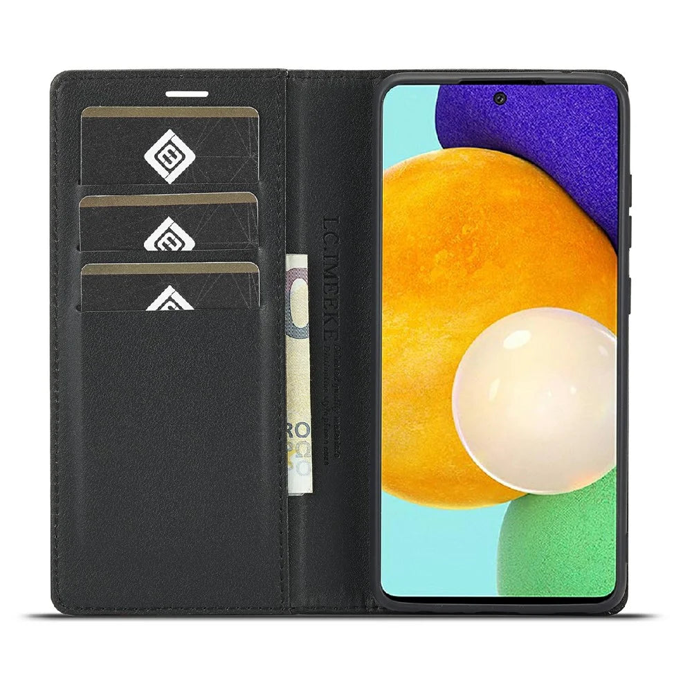 LC.IMEEKE Leather Case Carbon Fiber Pattern Phone Case with Stand Wallet Design for Samsung Galaxy A72 4G/5G - Style 1 - 5