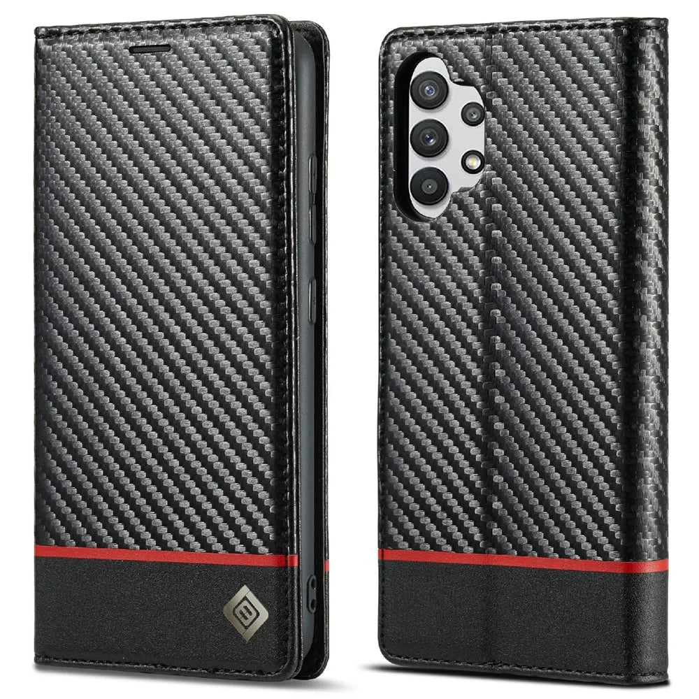 LC.IMEEKE Anti-drop Leather Case Carbon Fiber Pattern Phone Cover with Wallet for Samsung Galaxy A32 5G/M32 5G - Style 2 - 1