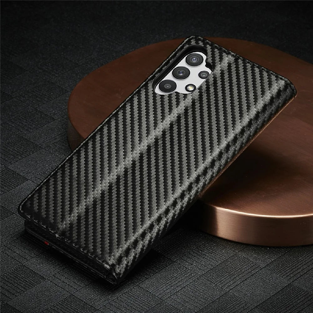 LC.IMEEKE Anti-drop Leather Case Carbon Fiber Pattern Phone Cover with Wallet for Samsung Galaxy A32 5G/M32 5G - Style 2 - 7