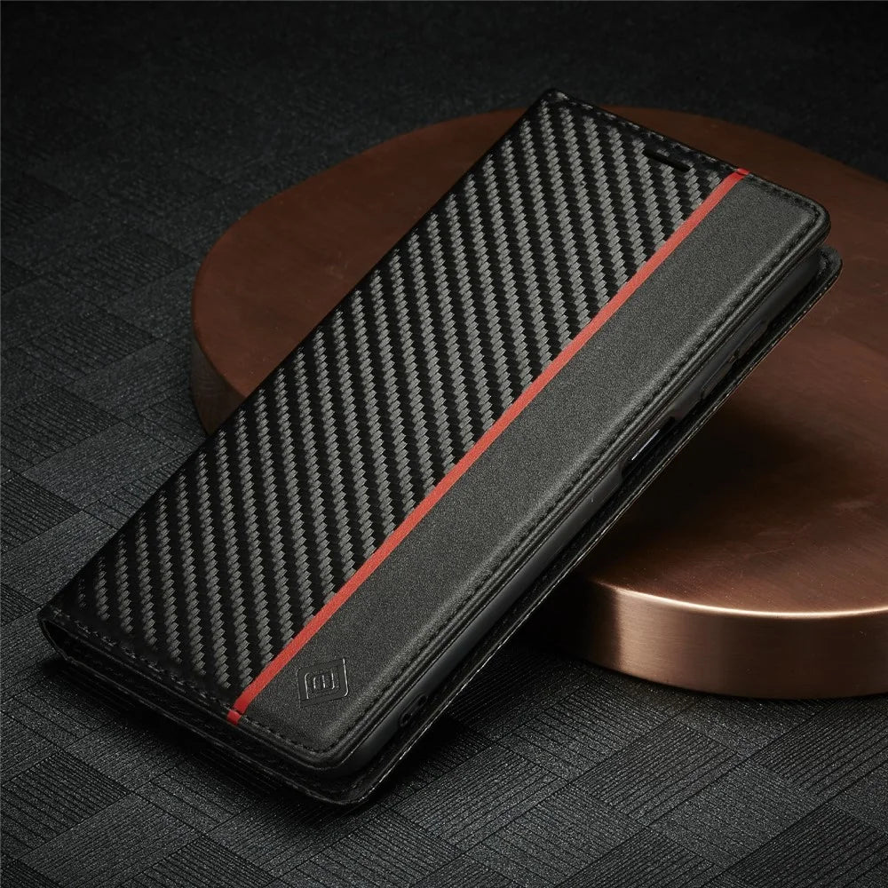 LC.IMEEKE Leather Case Carbon Fiber Pattern Phone Cover with Wallet Stand for Samsung Galaxy A22 5G (EU Version) - Style 1 - 6