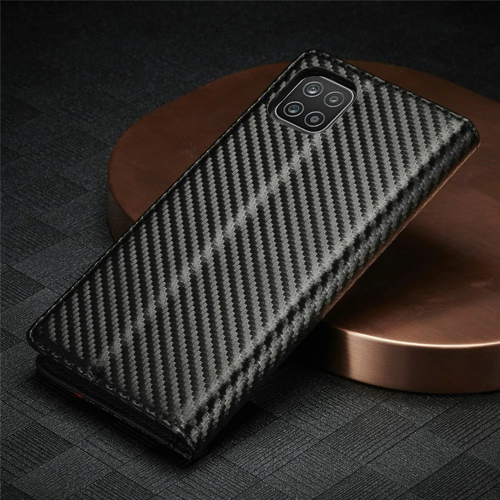 LC.IMEEKE Leather Case Carbon Fiber Pattern Phone Cover with Wallet Stand for Samsung Galaxy A22 5G (EU Version) - Style 1 - 7