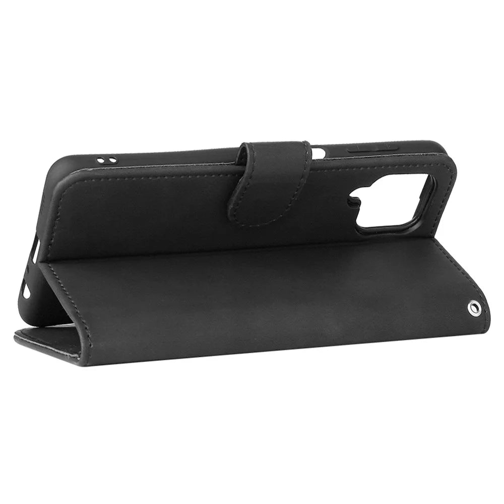 Skin-Feeling Folio Flip Leather Phone Case Cover with Stand Wallet for Samsung Galaxy M32 (Global Version) - Black - 5