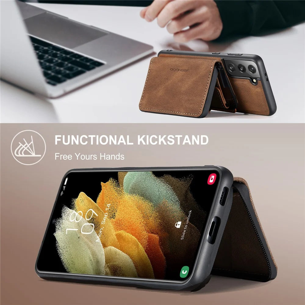 JEEHOOD Magnetic Detachable Zippered Wallet Fine Quality Leather Hybrid Case with Kickstand for Samsung Galaxy S21 FE/S21 Fan Edition - Brown - 2