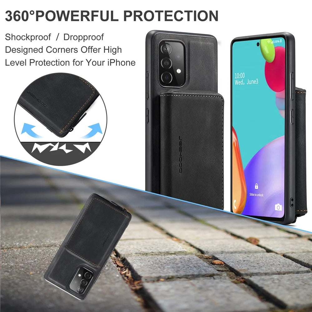 JEEHOOD Detachable 2-in-1 Magnetic Attraction Zippered Wallet Leather Hybrid Case with Kickstand for Samsung Galaxy A52 4G/A52 5G/A52s 5G - Black - 5