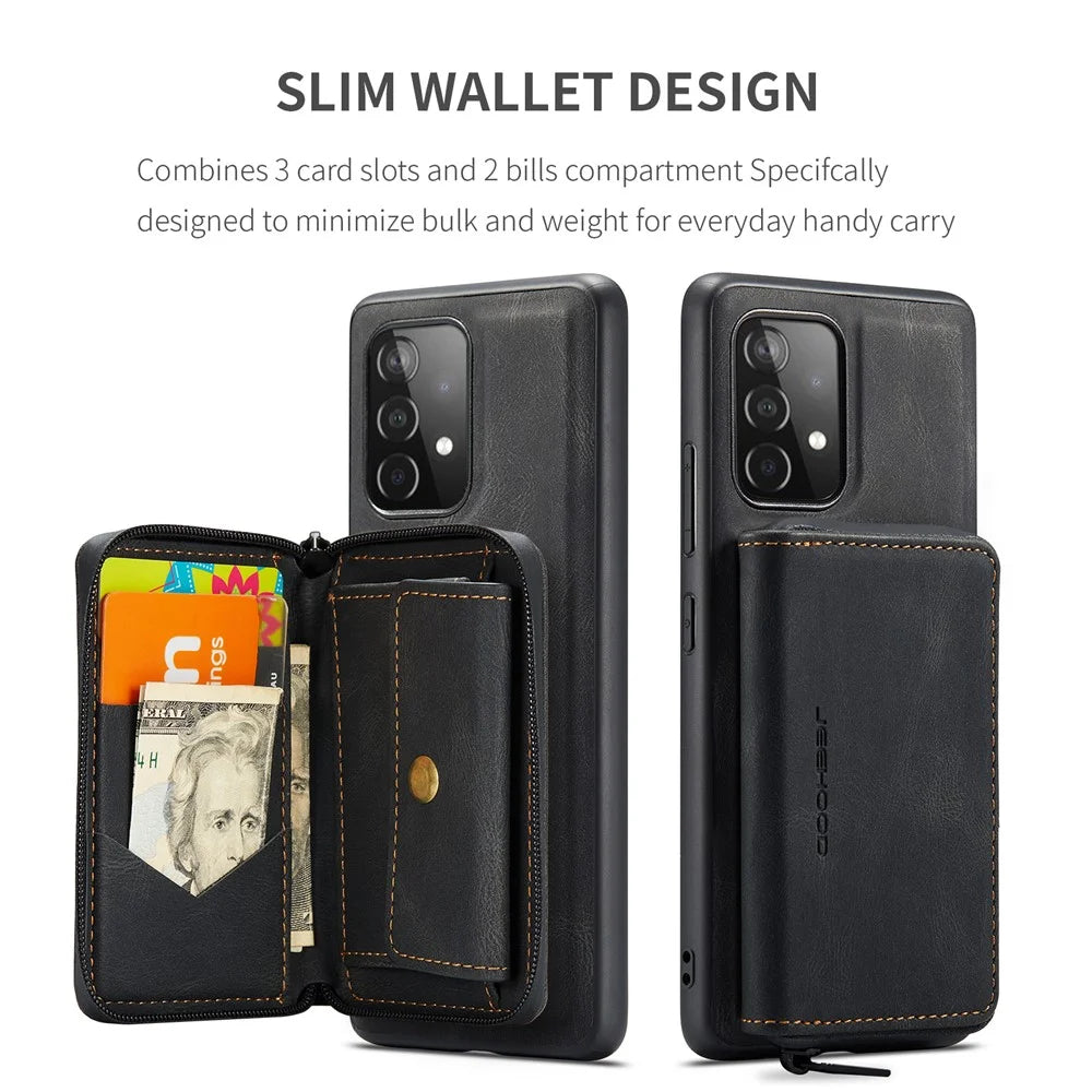 JEEHOOD Detachable 2-in-1 Magnetic Attraction Zippered Wallet Leather Hybrid Case with Kickstand for Samsung Galaxy A52 4G/A52 5G/A52s 5G - Black - 7
