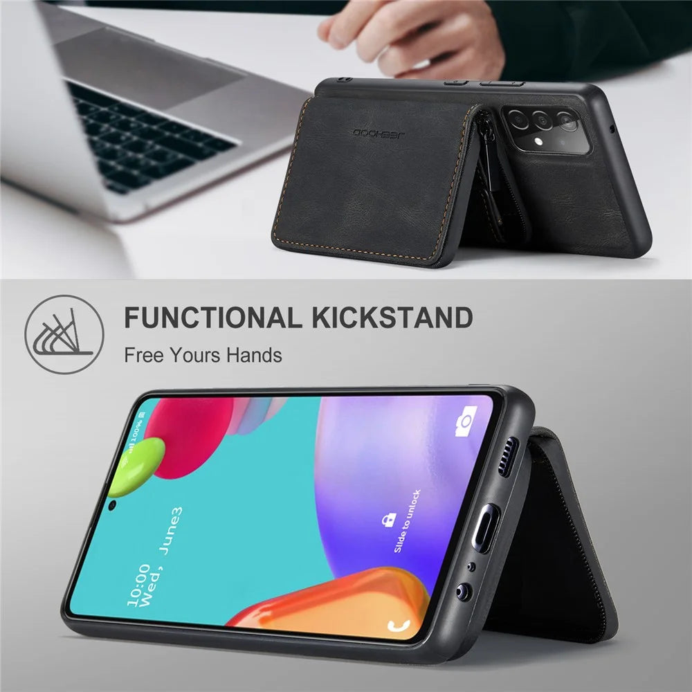 JEEHOOD Magnetic Detachable 2-in-1 Zippered Wallet Leather Hybrid Case with Kickstand for Samsung Galaxy A72 5G/4G - Black - 2