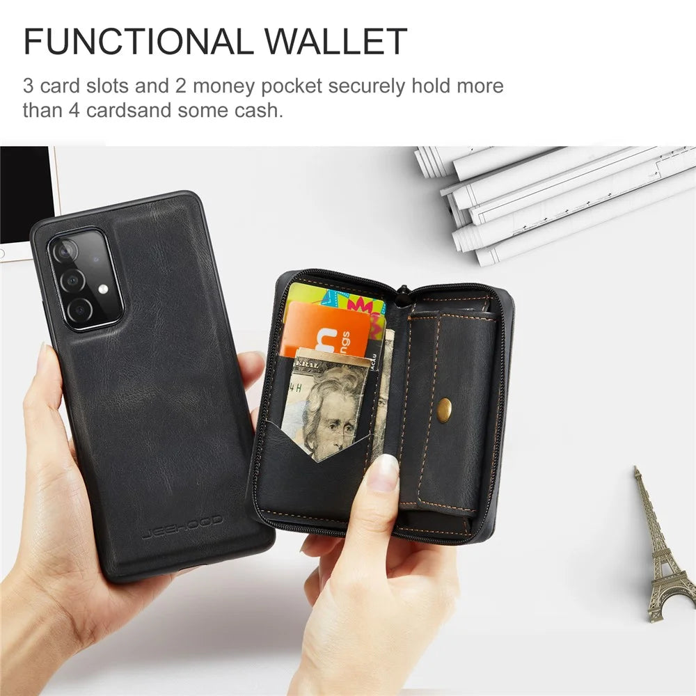 JEEHOOD Magnetic Detachable 2-in-1 Zippered Wallet Leather Hybrid Case with Kickstand for Samsung Galaxy A72 5G/4G - Black - 5