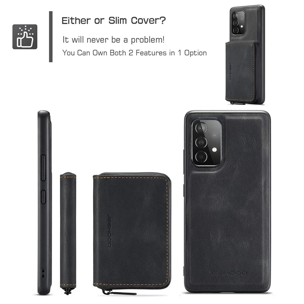JEEHOOD Magnetic Detachable 2-in-1 Zippered Wallet Leather Hybrid Case with Kickstand for Samsung Galaxy A72 5G/4G - Black - 6