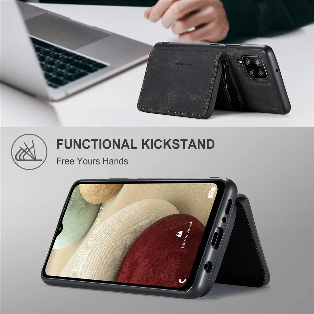 JEEHOOD Magnetic Absorption Impact-Resistant Detachable 2-in-1 Hybrid Case with Zipper Closure Wallet for Samsung Galaxy A12 - Black - 2