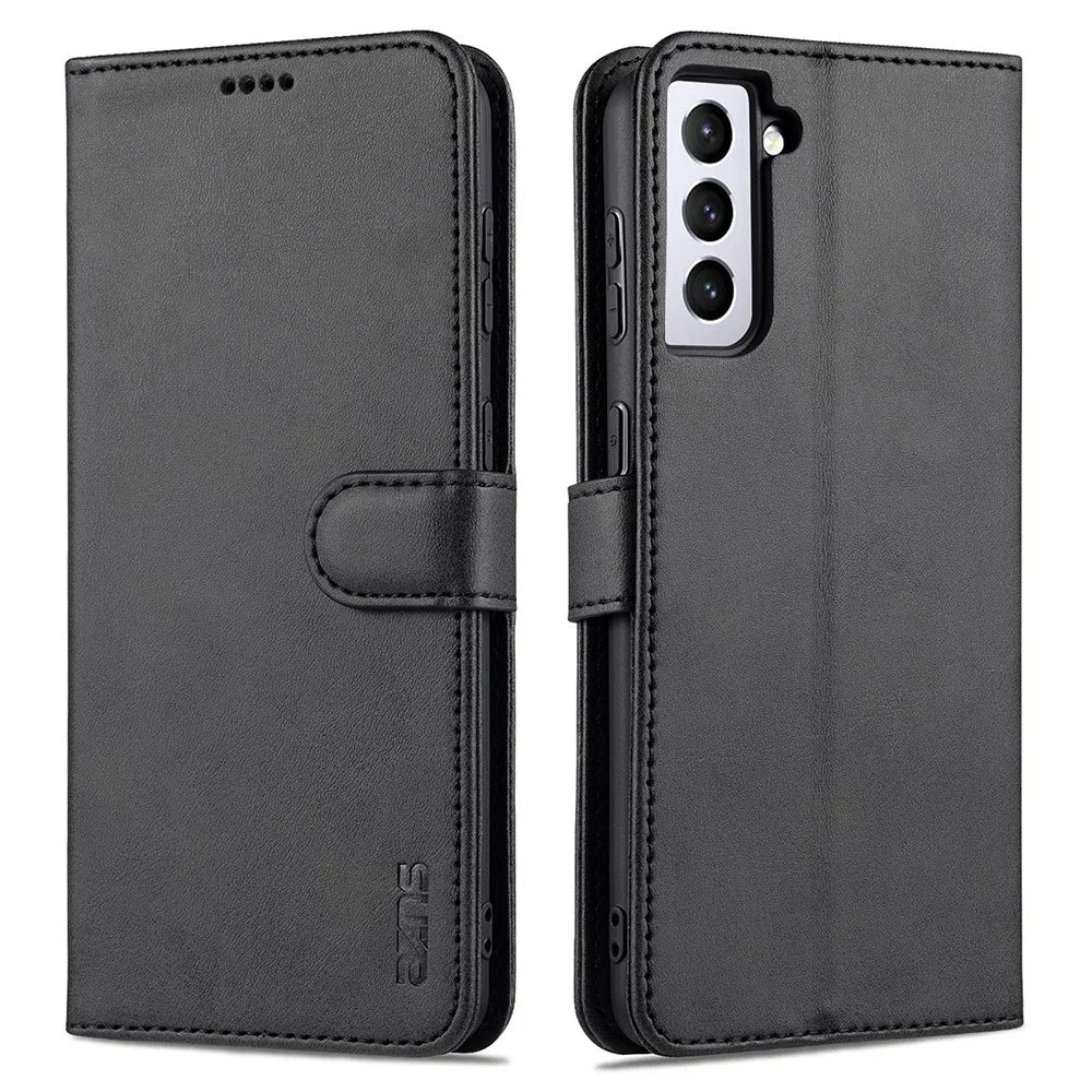 AZNS Wallet Stand Design Leather Phone Cover for Samsung Galaxy S21 FE - Black - 1