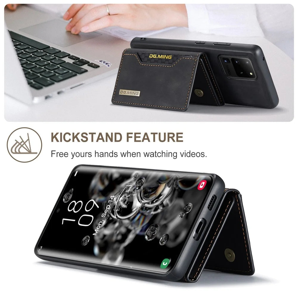 DG.MING M2 Series Tri-Fold Wallet Kickstand Design Magnetic Detachable Wireless Charging Hybrid Case for Samsung Galaxy S20 Ultra - Black - 2