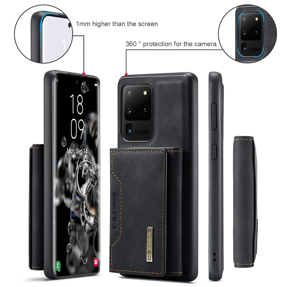 DG.MING M2 Series Tri-Fold Wallet Kickstand Design Magnetic Detachable Wireless Charging Hybrid Case for Samsung Galaxy S20 Ultra - Black - 6