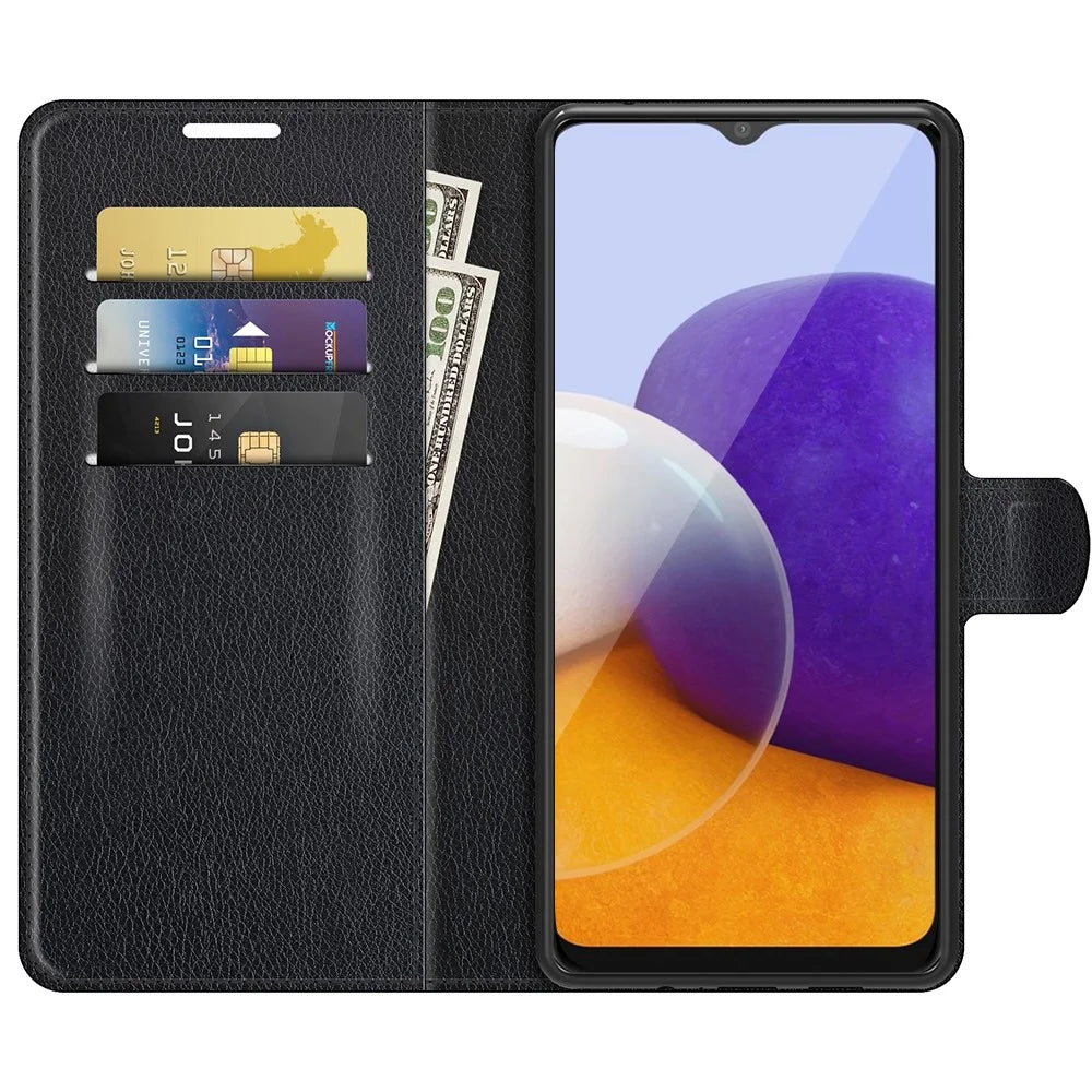 Folio Flip Litchi Skin Drop-Proof Leather Wallet Design Leather Case Stand Cover for Samsung Galaxy A22 5G (EU Version) - Black - 4