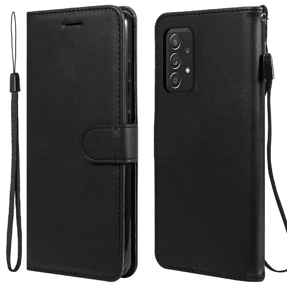 For Samsung Galaxy A52 4G / A52 5G / A52s 5G Case Solid Color Leather Mobile Cover Wallet Stand with Strap - Black - 1