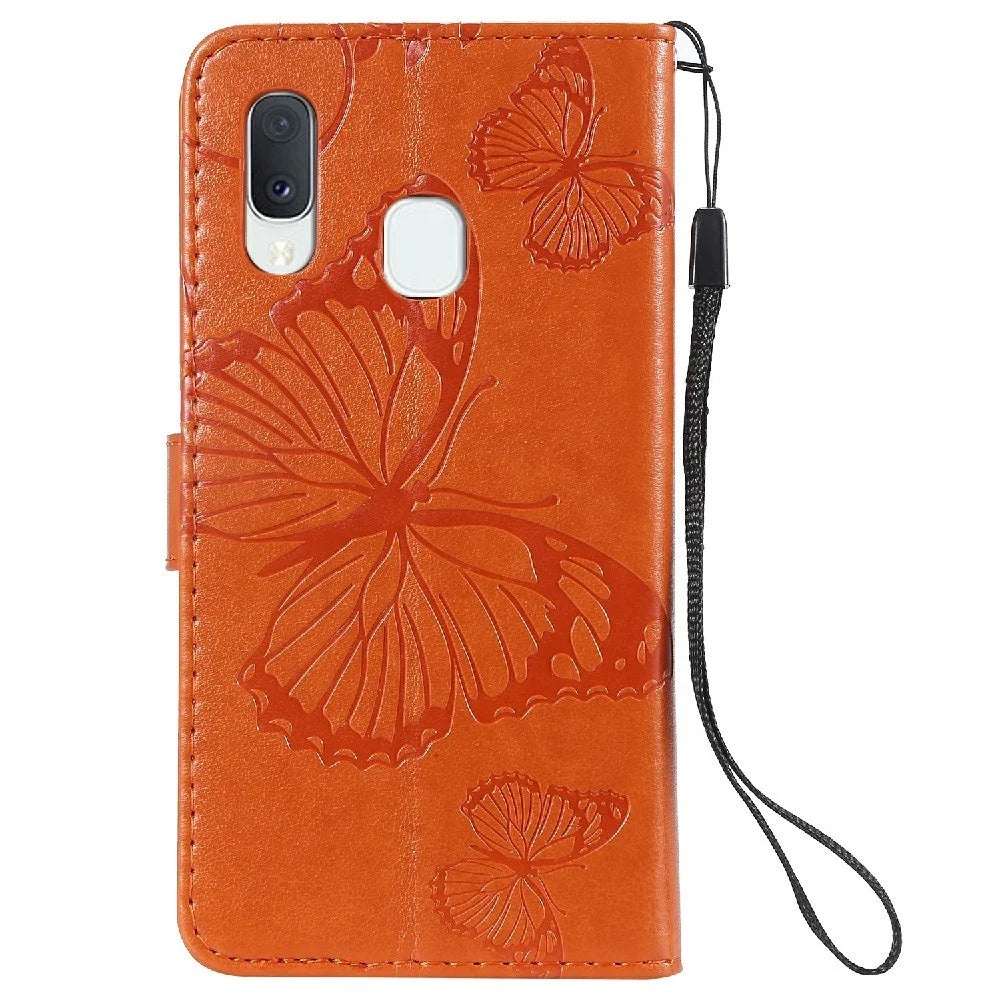 For Samsung Galaxy A20e / A202 Wallet Case Floral Butterfly Imprinted Leather Phone Cover Stand - Orange - 3