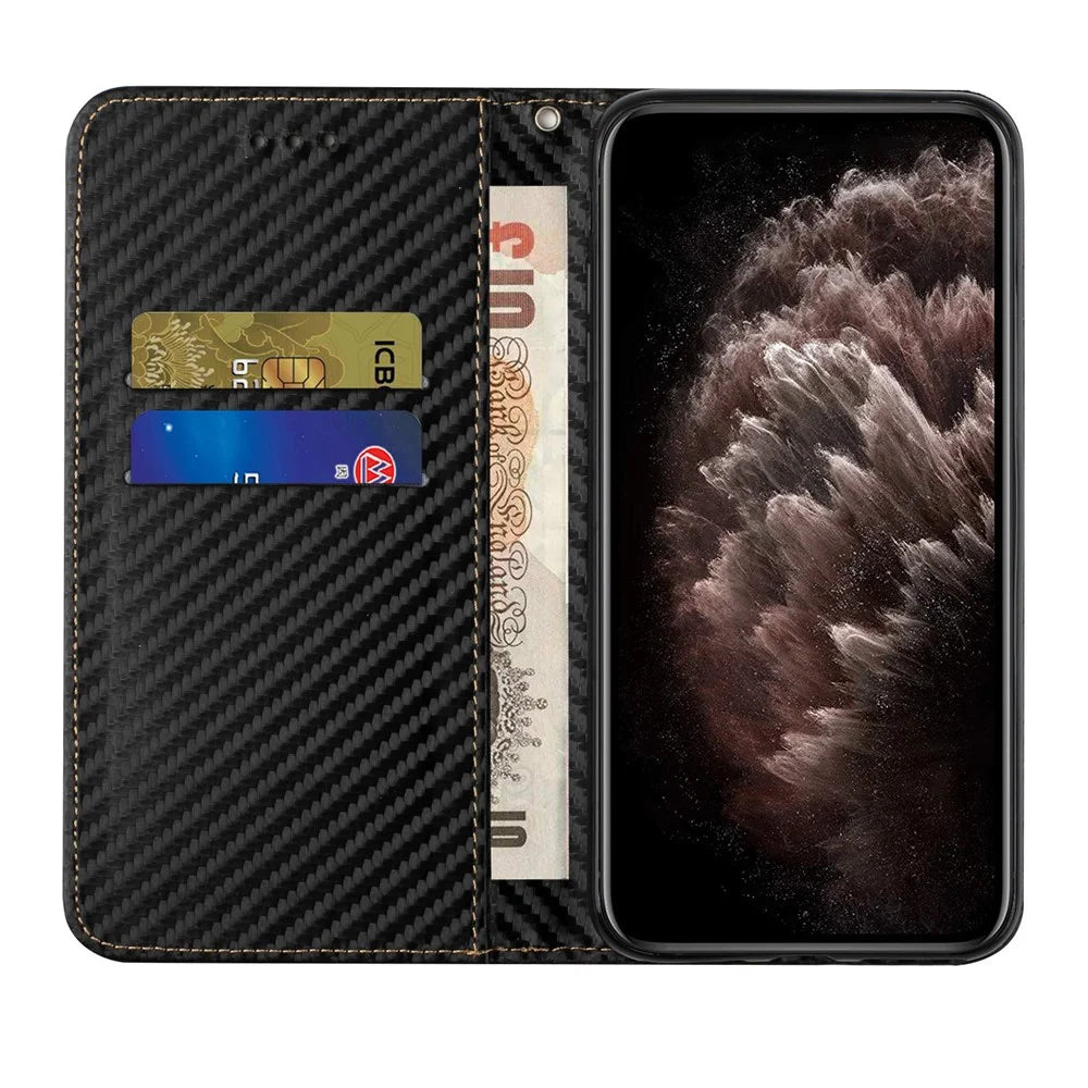Full Protection Magnetic Clasp Carbon Fiber Texture Leather Wallet Stand Case Shell for Samsung Galaxy A32 4G - Black - 5