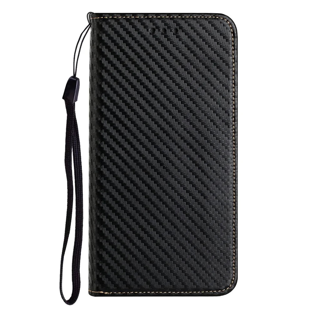 Full Protection Magnetic Clasp Carbon Fiber Texture Leather Wallet Stand Case Shell for Samsung Galaxy A32 4G - Black - 6