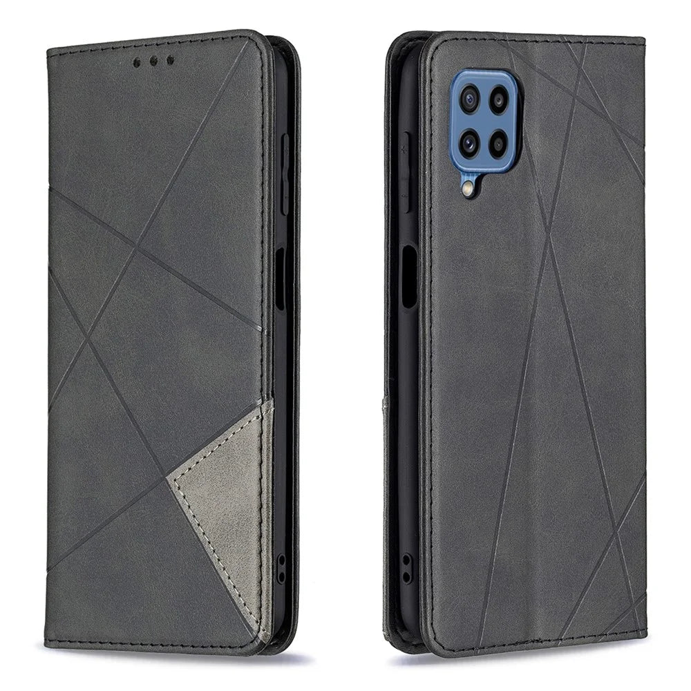 For Samsung Galaxy M32 (Global Version) Card Holder Design Rhombus-Like Imprinting Shock-Absorbed Leather Stand Case Shell - Black - 1