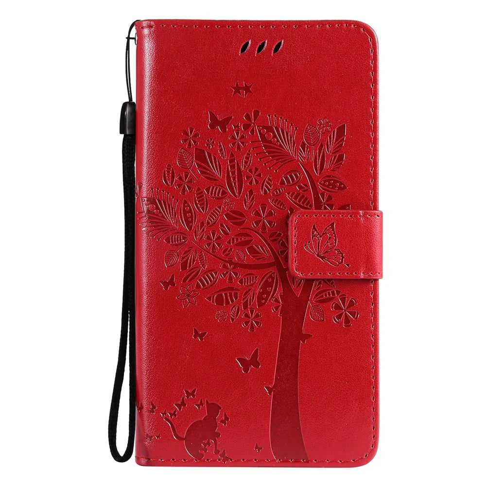 For Samsung Galaxy A12 Phone Case with Stand Cat Tree Pattern Leather Wallet Mobile Cover - Red - 2