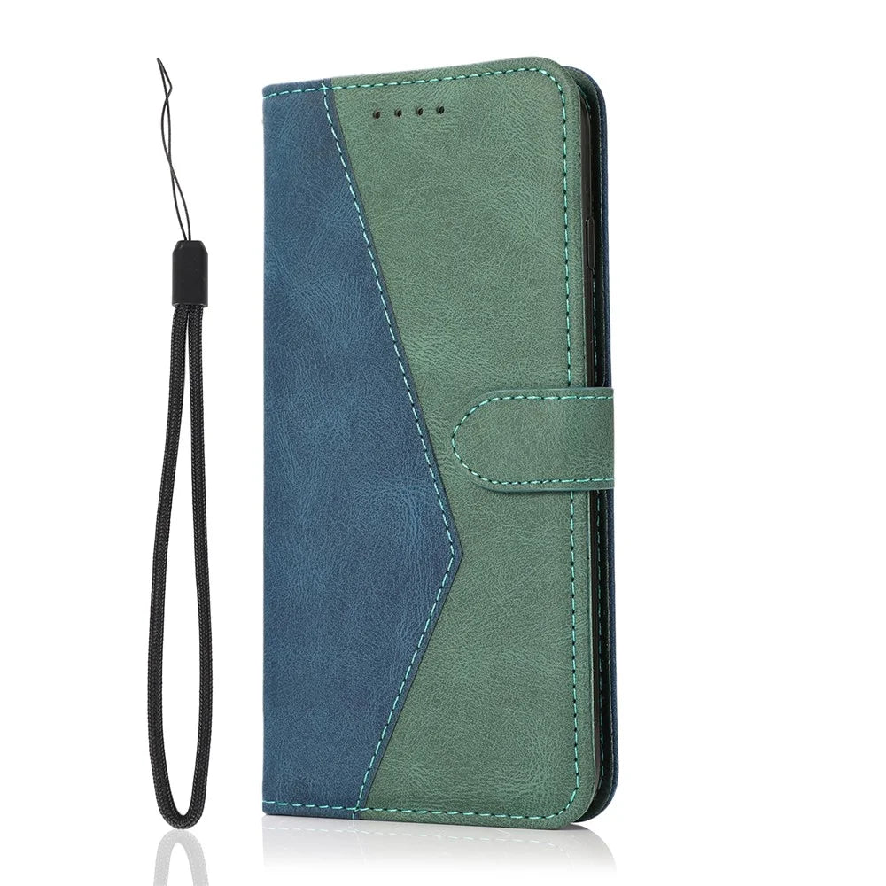 Color Splicing Leather Wallet Stand Mobile Phone Protection Cover Shell with Lanyard for Samsung Galaxy S10e - Blue/Green - 3