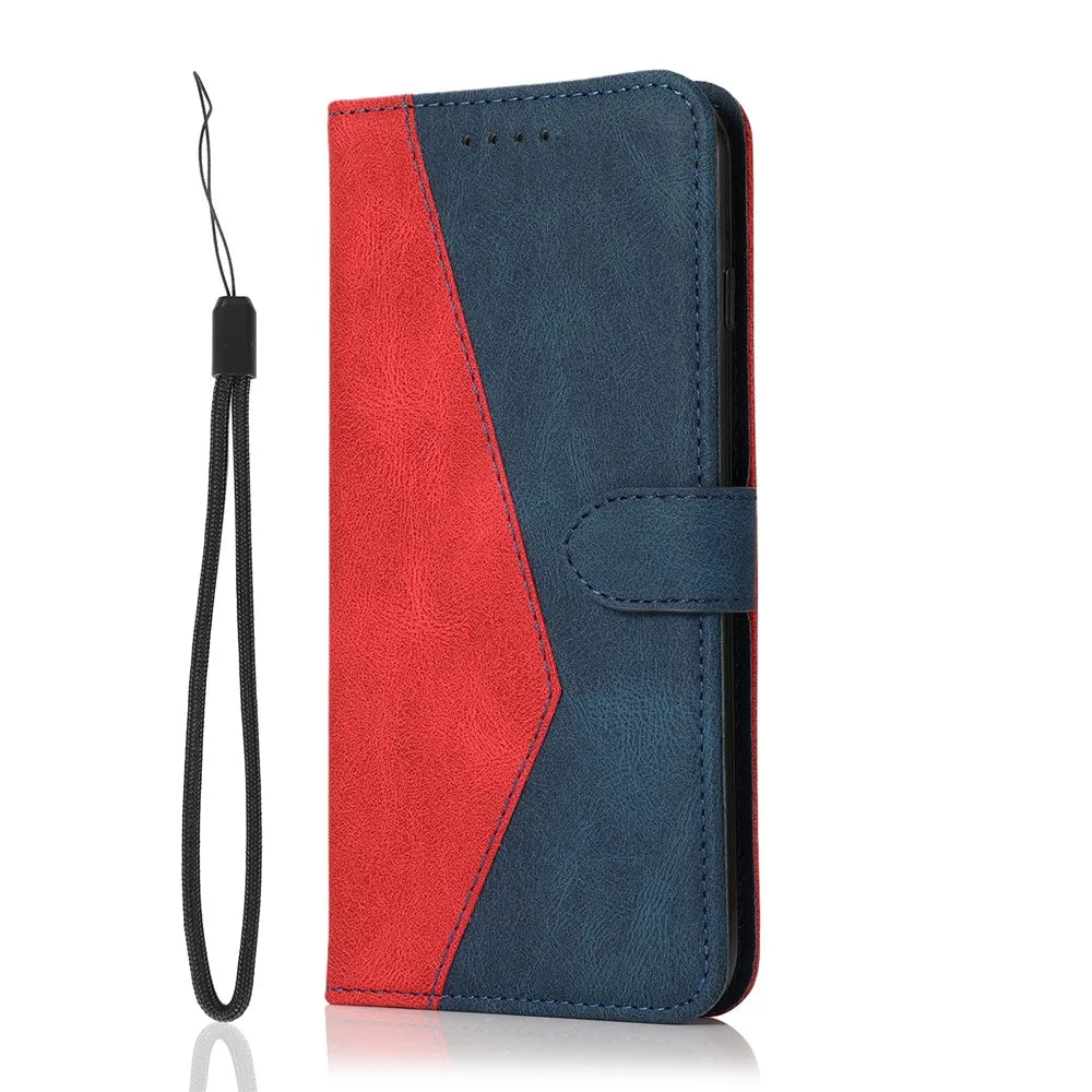 Color Splicing Design Leather Wallet Cell Phone Stand Cover Case with Lanyard for Samsung Galaxy S10 Plus - Red/Blue - 2