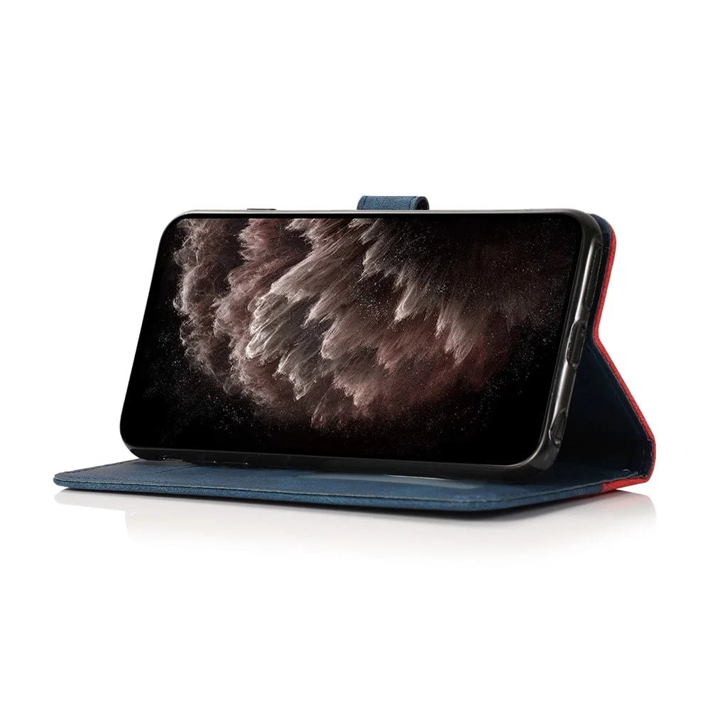 Color Splicing Design Leather Wallet Cell Phone Stand Cover Case with Lanyard for Samsung Galaxy S10 Plus - Red/Blue - 5