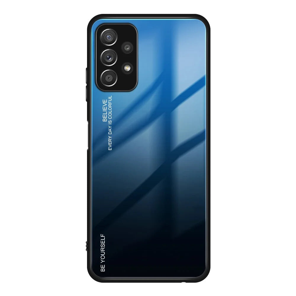 Gradient Color Glass Back Panel + TPU Frame Phone Hybrid Case Shell for Samsung Galaxy A32 4G (EU Version) - Blue/Black - 1