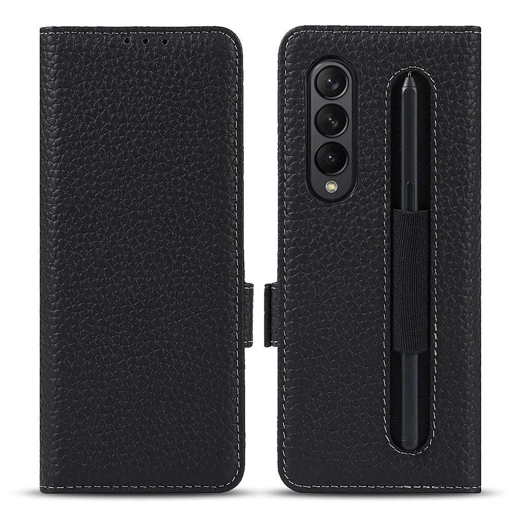 For Samsung Galaxy Z Fold3 5G Litchi Texture Genuine Leather Dual Magnetic Clasp Wallet Stand Phone Case Cover with Pen Slot - Black - 1