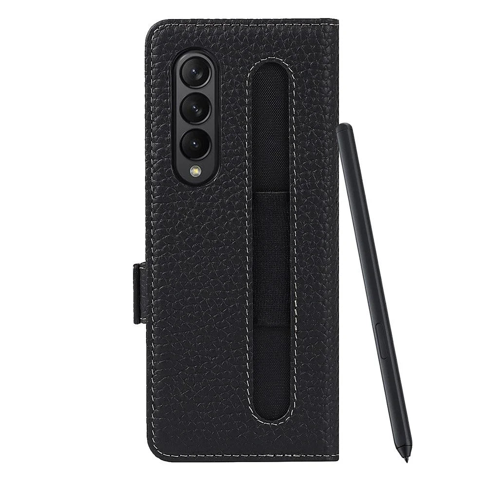 For Samsung Galaxy Z Fold3 5G Litchi Texture Genuine Leather Dual Magnetic Clasp Wallet Stand Phone Case Cover with Pen Slot - Black - 5
