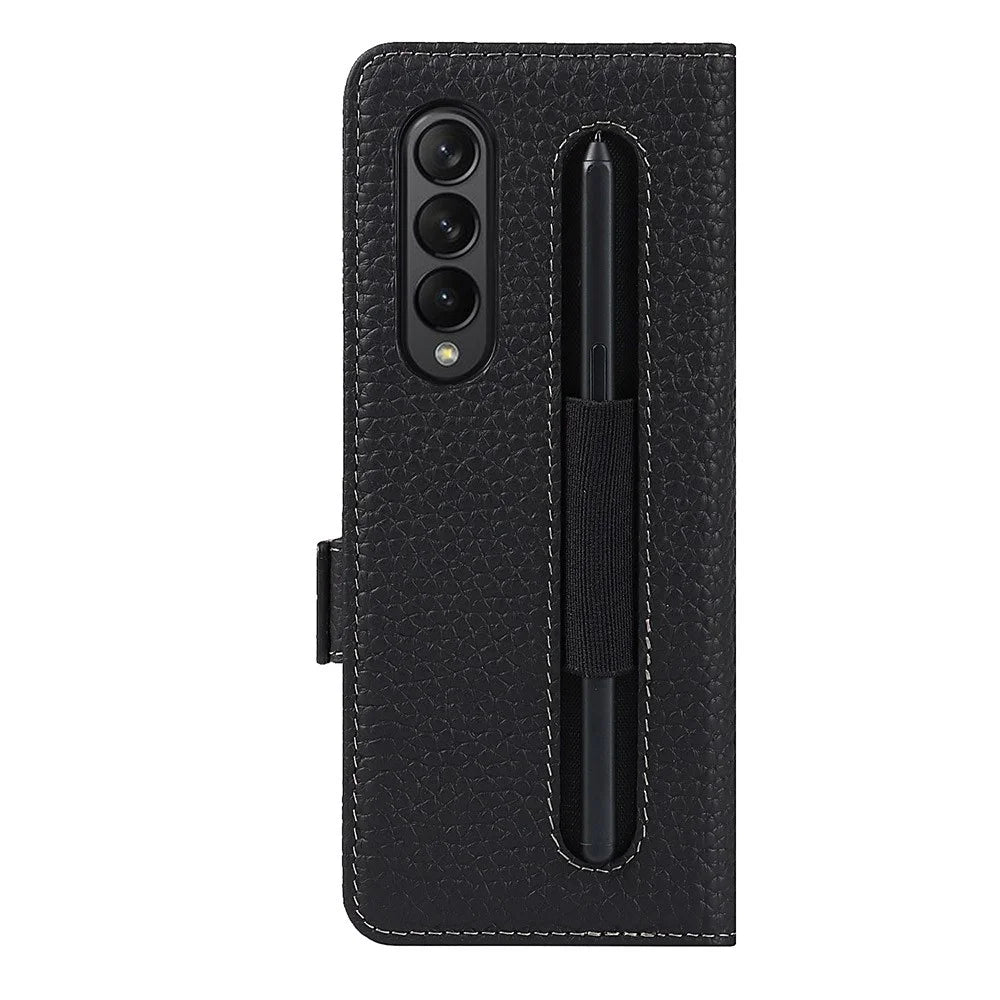 For Samsung Galaxy Z Fold3 5G Litchi Texture Genuine Leather Dual Magnetic Clasp Wallet Stand Phone Case Cover with Pen Slot - Black - 6