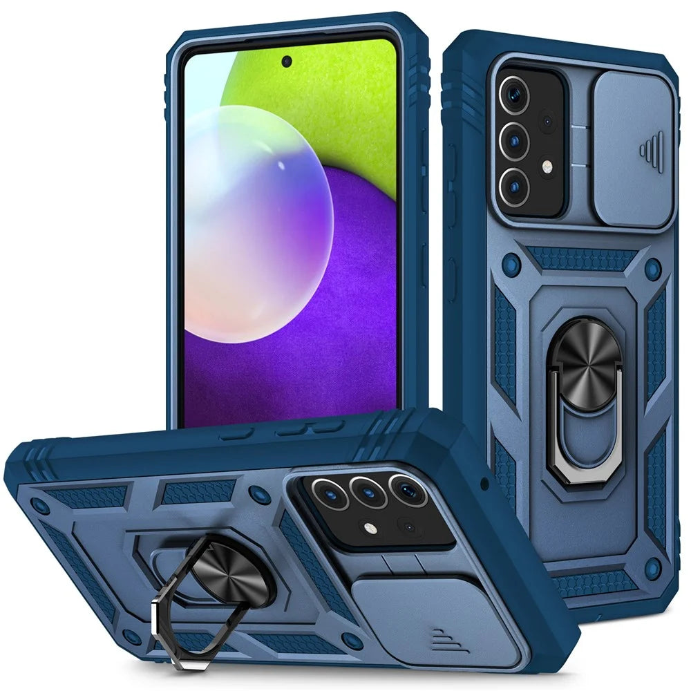 Slide Camera Cover Design Hybrid Phone Case Kickstand Shell with Card Holder for Samsung Galaxy A52s 5G/A52 4G / 5G - Blue - 1