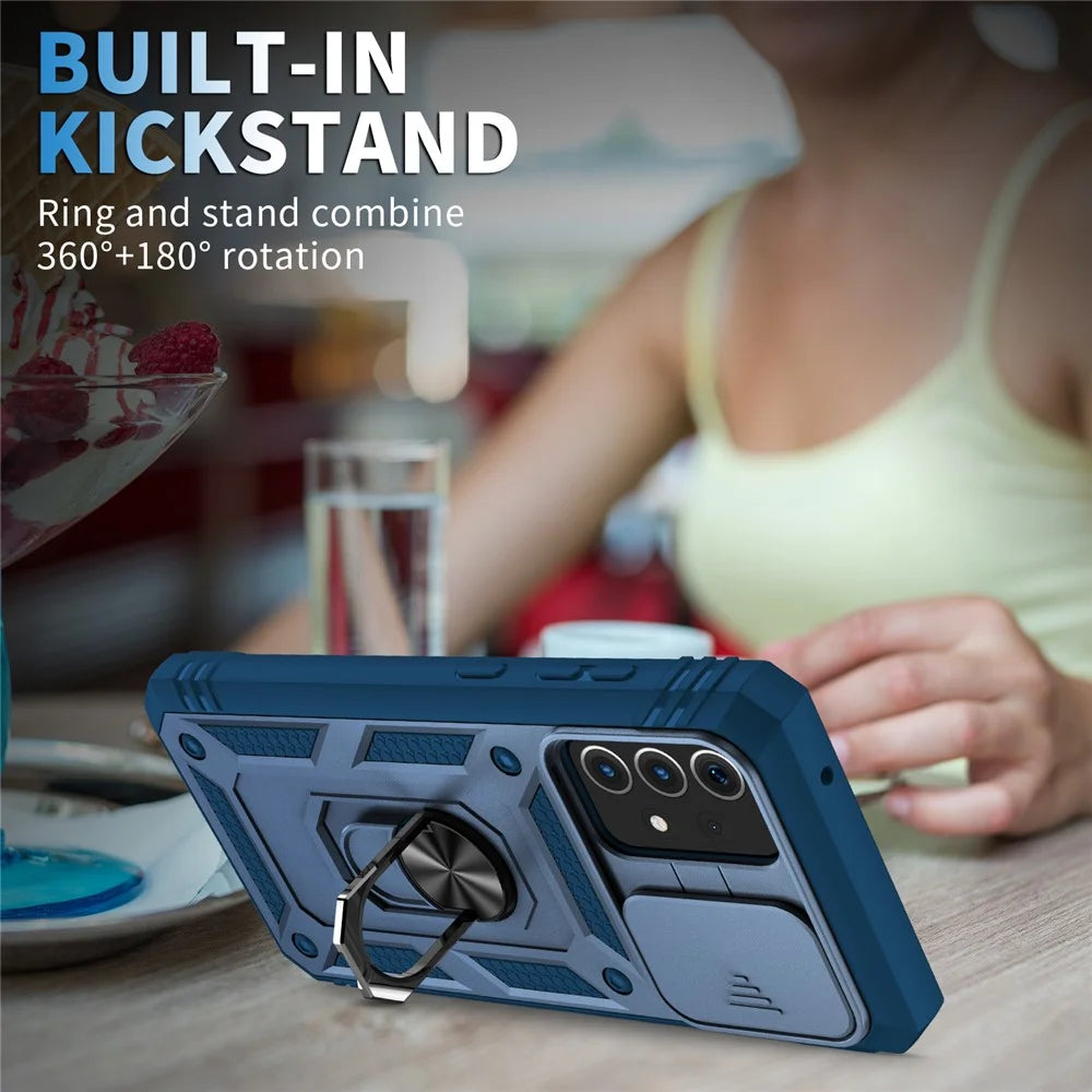 Slide Camera Cover Design Hybrid Phone Case Kickstand Shell with Card Holder for Samsung Galaxy A52s 5G/A52 4G / 5G - Blue - 2