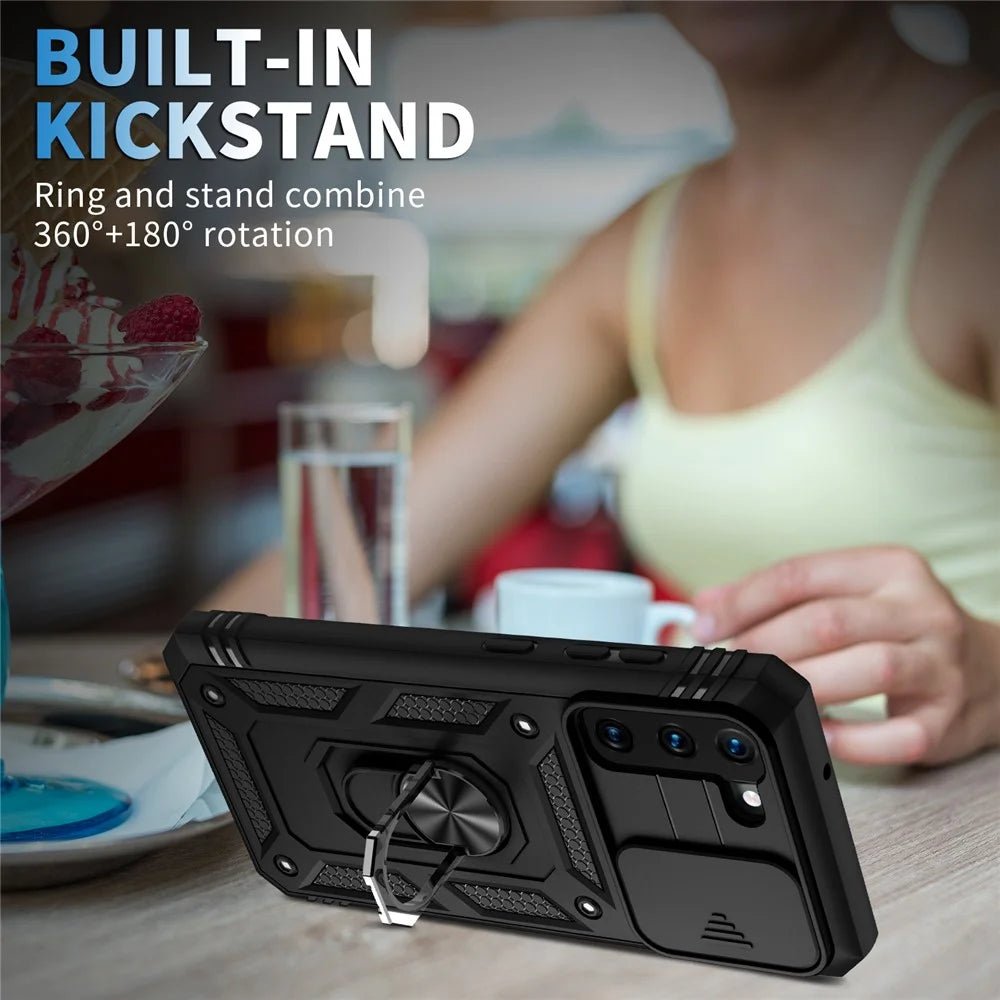 Kickstand 3-in-1 TPU Protection Cover Shockproof PC Shell with Camera Slider for Samsung Galaxy S21 5G/4G - Black - 2