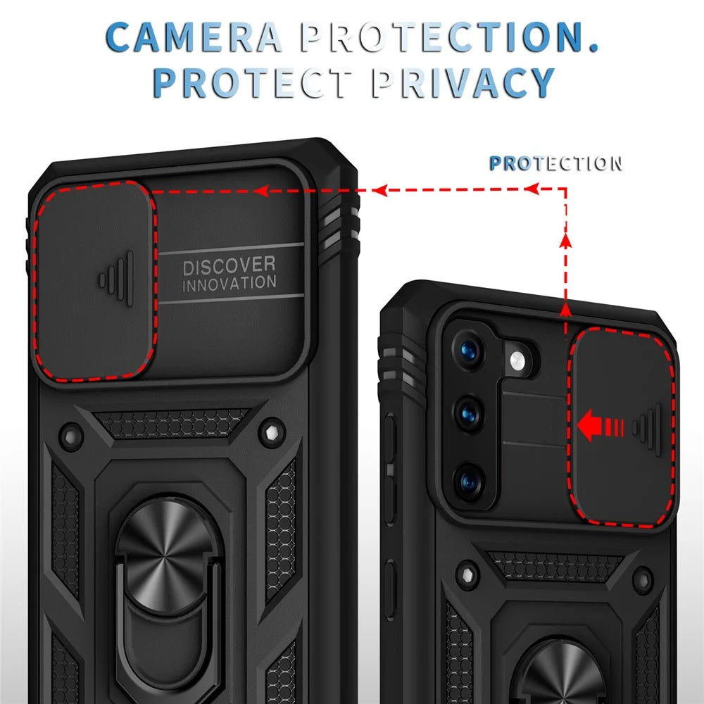 Kickstand 3-in-1 TPU Protection Cover Shockproof PC Shell with Camera Slider for Samsung Galaxy S21 5G/4G - Black - 5