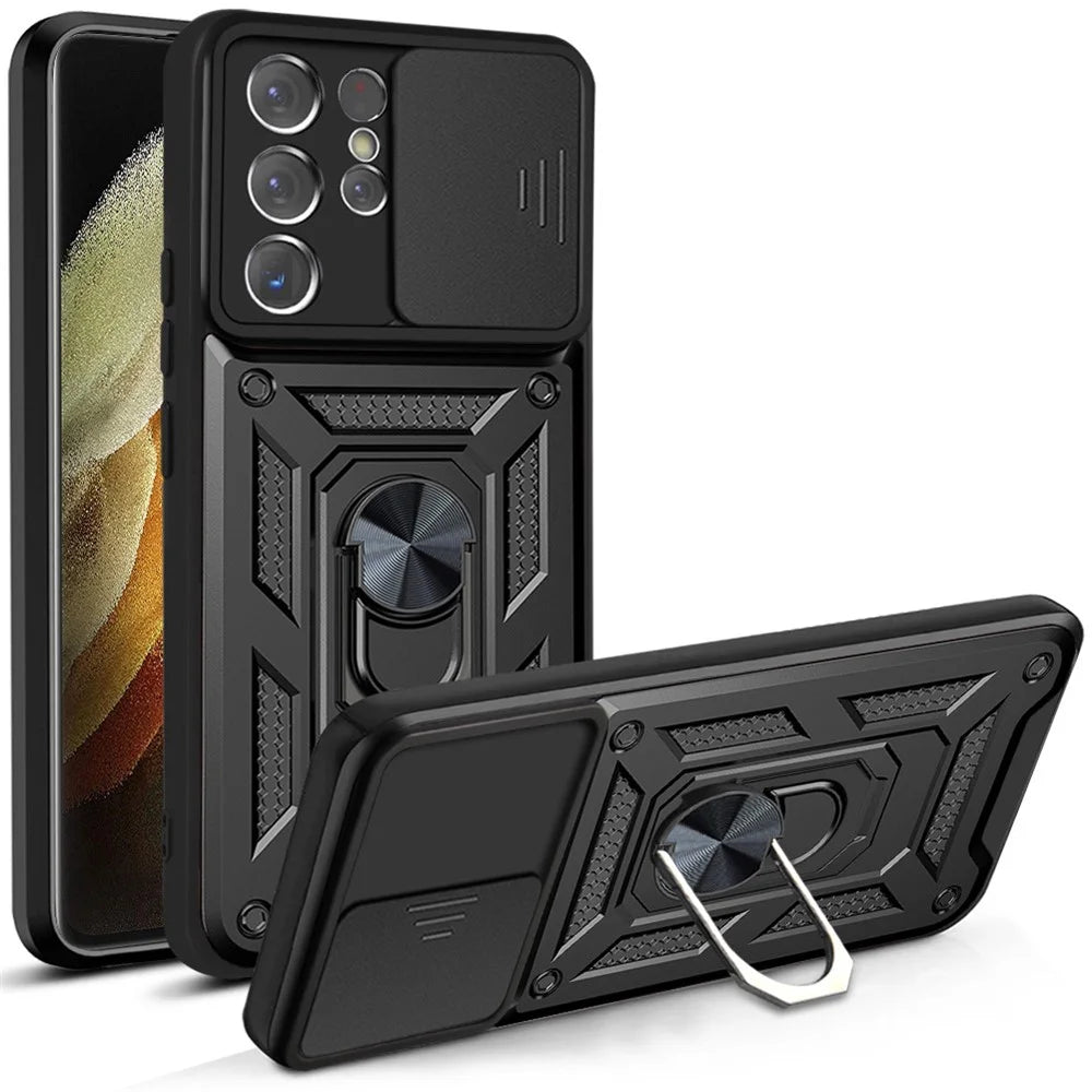 Slide Camera Cover PC + TPU Shockproof Scratch-Resistant Kickstand Phone Case for Samsung Galaxy S21 Ultra 5G - Black - 1