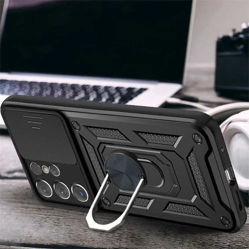 Slide Camera Cover PC + TPU Shockproof Scratch-Resistant Kickstand Phone Case for Samsung Galaxy S21 Ultra 5G - Black - 3