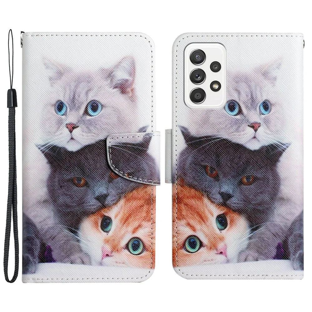 Pattern Printing Shockproof Wallet Stand Leather Phone Case Shell with Strap for Samsung Galaxy A52 4G/5G/A52s 5G - Three Cats - 1