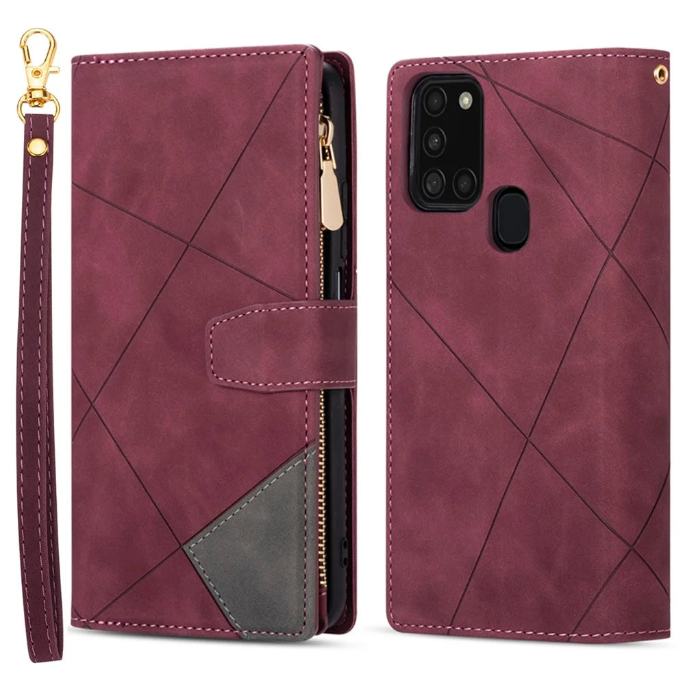 Anti-Drop Stylish Lines Splicing Wallet Design Leather Phone Cover Case with Stand for Samsung Galaxy A21s - Red - 1